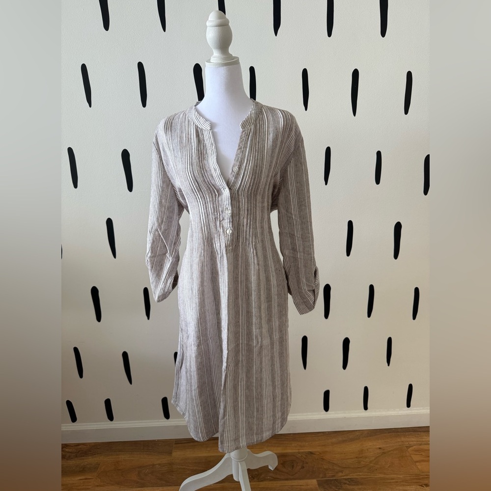 Tahari Beige Striped Button-Front Midi Dress